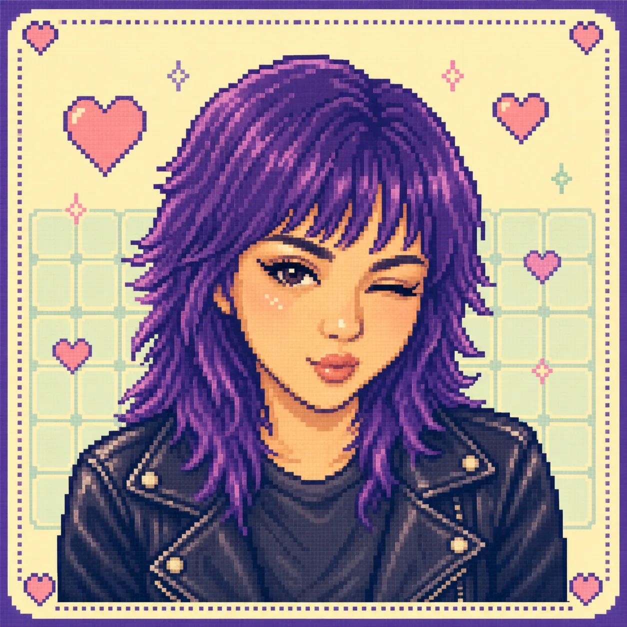 Pastel pixel art portrait of Saya with purple hair and a wink.
